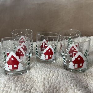 Set of 5 Christmas Glasses Snowy Houses with Winter Christmas Trees mint
